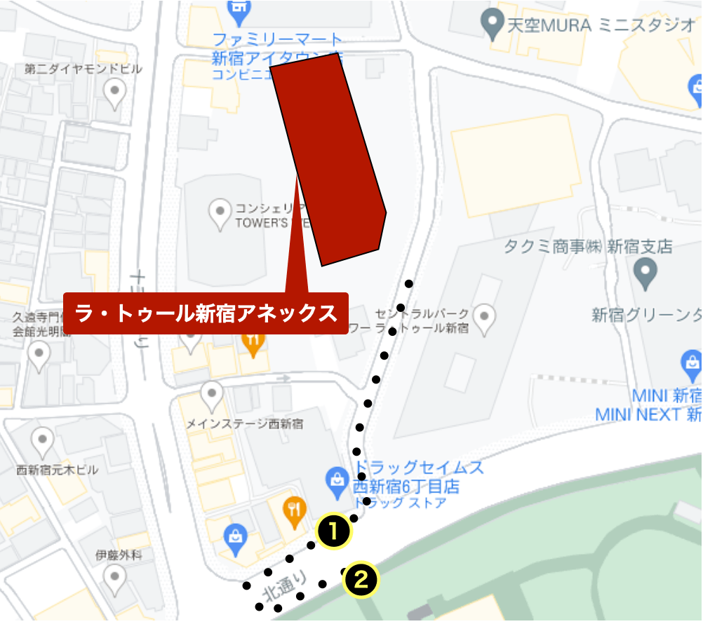 ラトゥール新宿アネックス付近のバス停を記したGoogleマップ