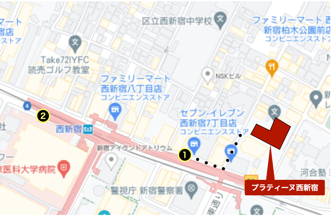 プラティーヌ西新宿付近のバス停を記したGoogleマップ