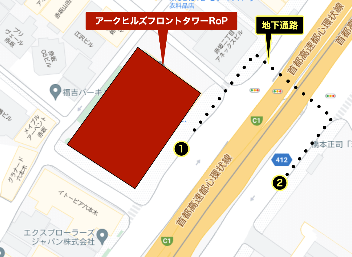アアークヒルズフロントタワーRoP付近のバス停を記したGoogleマップ