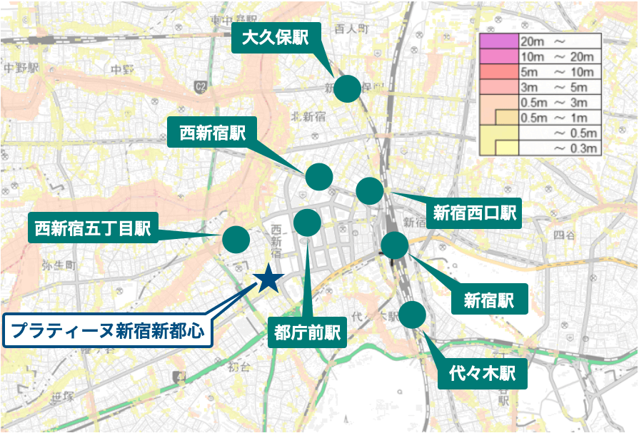 プラティーヌ新宿新都心周辺のハザードマップ