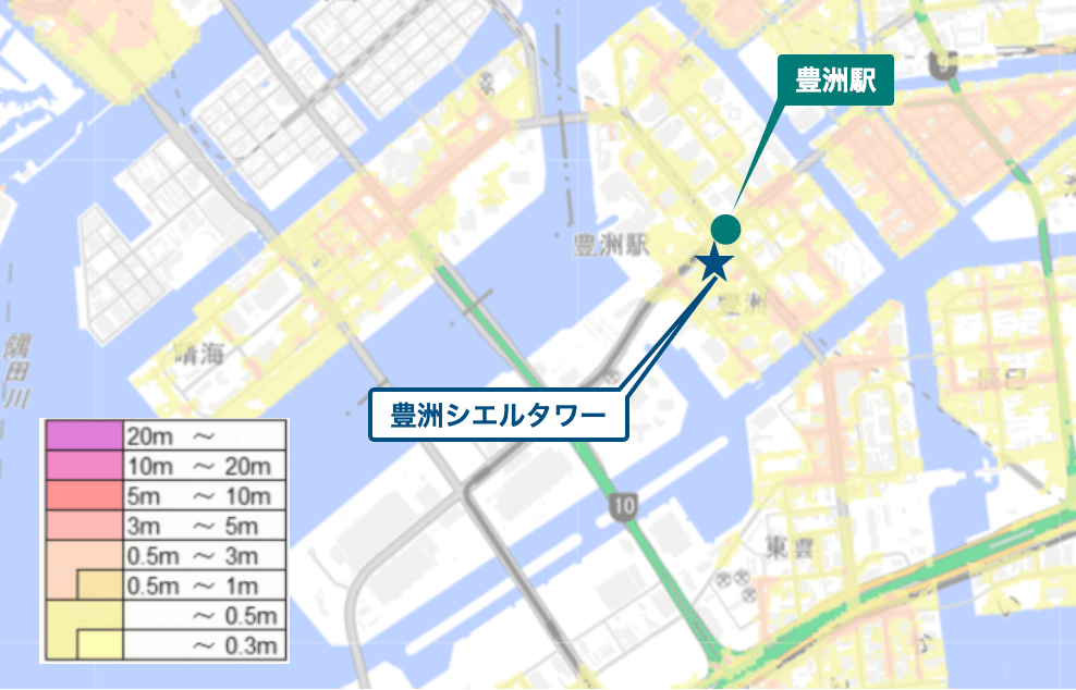 豊洲シエルタワー周辺のハザードマップ