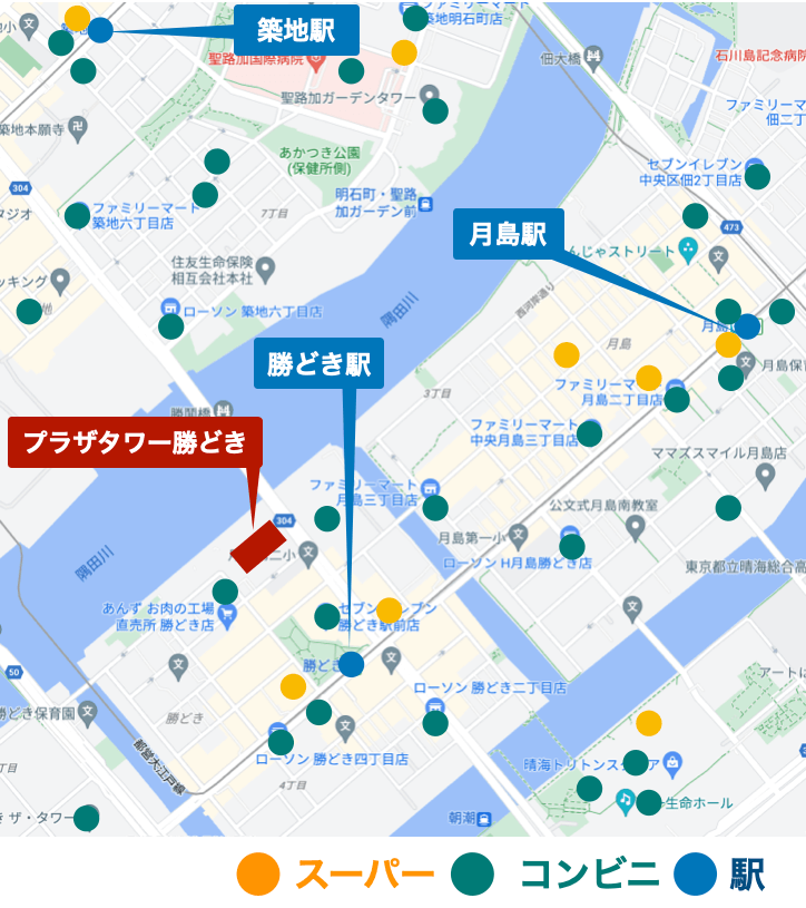 プラザタワー勝どき周辺のコンビニ・スーパー