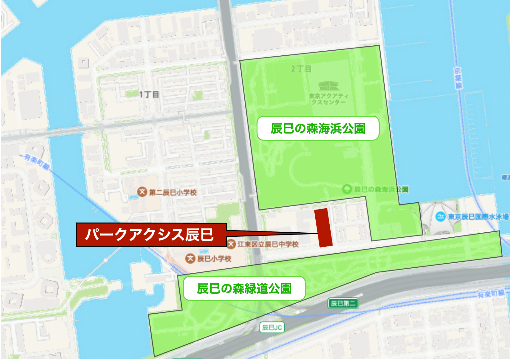 辰巳の公園を示したマップ
