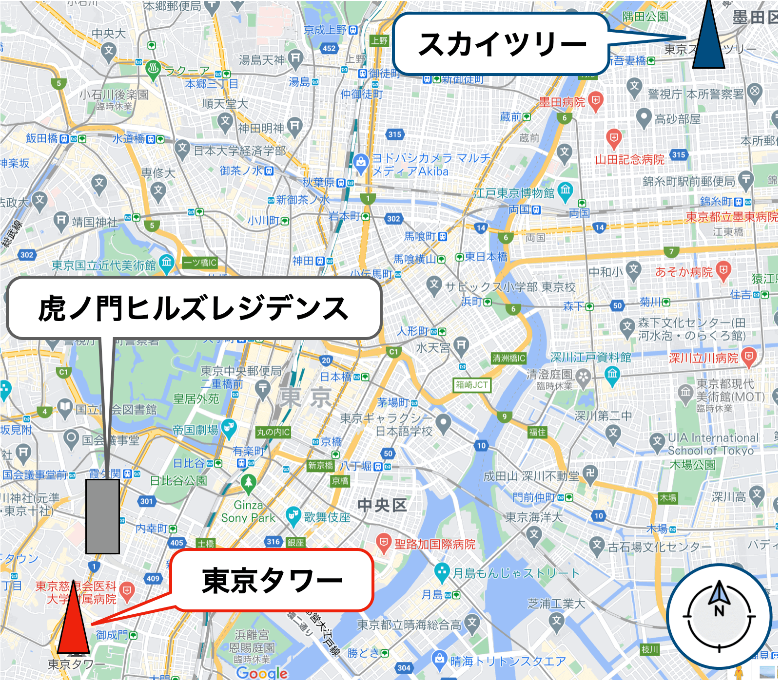 虎ノ門ヒルズを示したGoogleマップ