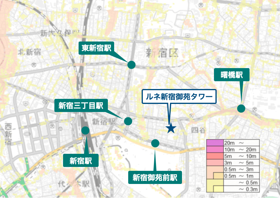 ルネ新宿御苑タワー周辺のハザードマップ