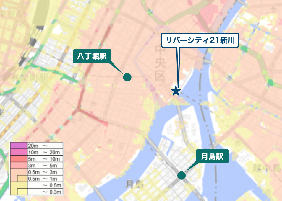 リバーシティ21新川周辺のハザードマップ