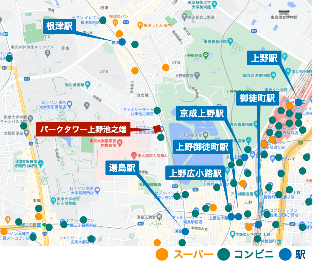 パークタワー上野池之端周辺のコンビニ・スーパー