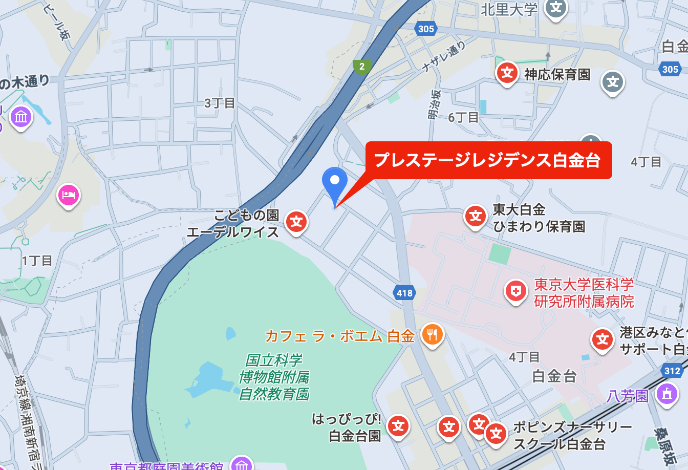 プレステージレジデンス周辺の保育施設を示したマップ