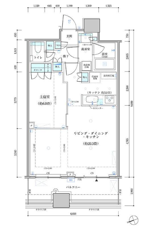 パークタワー勝どきサウス 1LDK 56.89㎡の間取り図