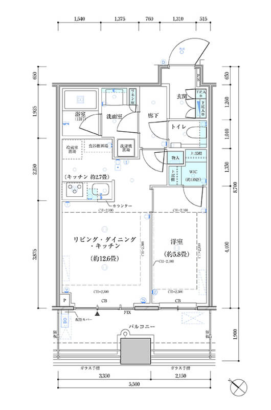 パークタワー勝どきサウス 1LDK 45.25㎡の間取り図