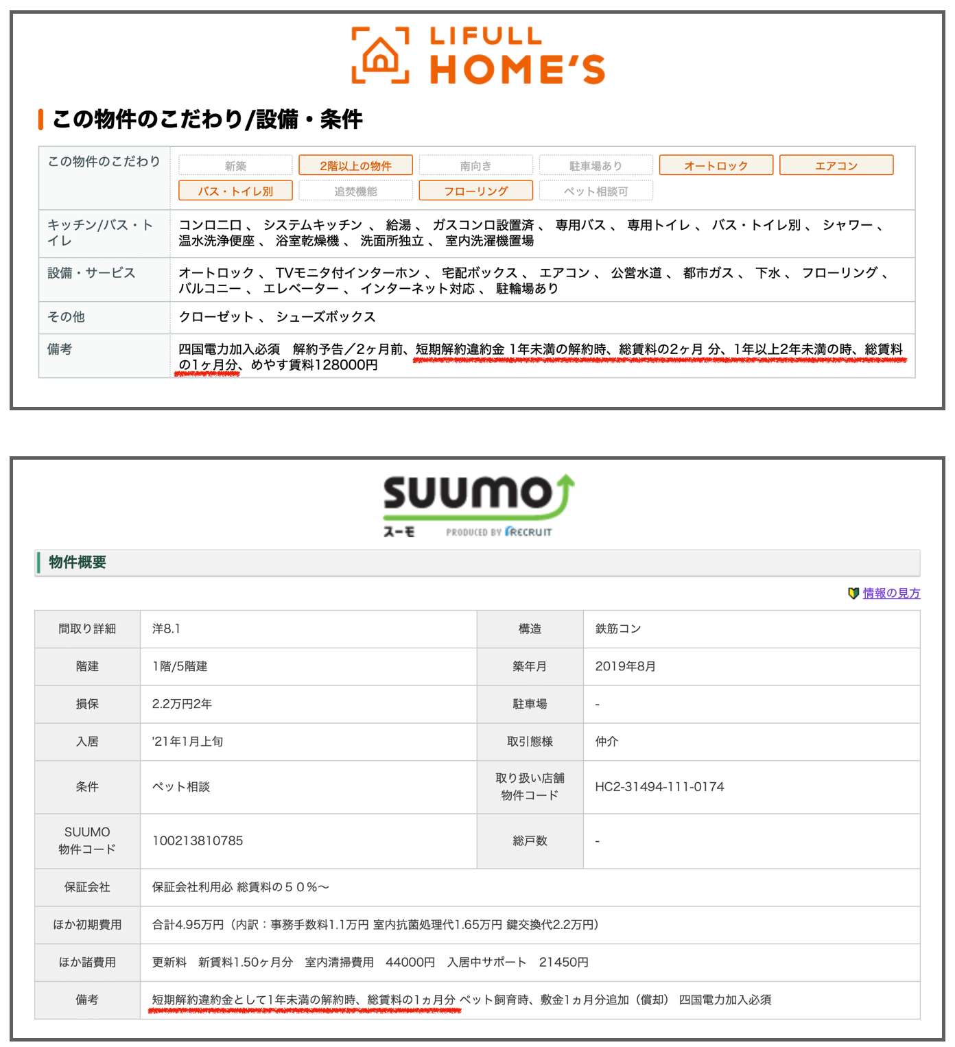 HOME'SとSUUMOの物件詳細ページ
