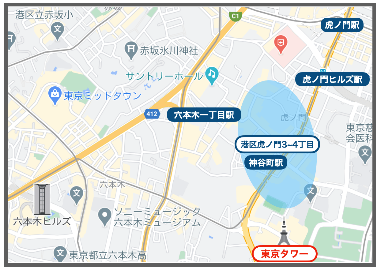 Googleマップで東京タワーの位置関係を示したイメージ